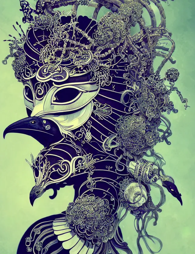 Image similar to goddess macro close - up portrait with crown and mask made of ram skull. beautiful intricately detailed japanese crow kitsune mask and clasical japanese kimono. betta fish, jellyfish phoenix, bioluminescent, plasma, ice, water, wind, creature, artwork by tooth wu and wlop and beeple and greg rutkowski