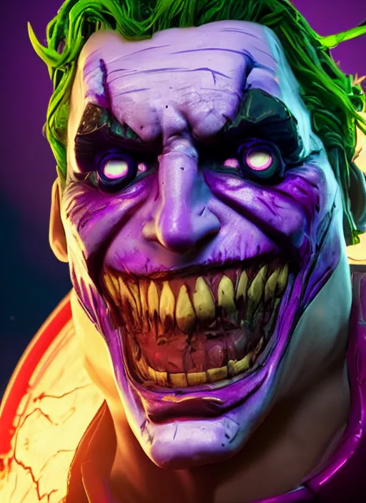 Prompt: glowwave portrait of the joker from borderlands 3, hyper detailed, digital art, trending in artstation, cinematic lighting, studio quality, smooth render, unreal engine 5 rendered, octane rendered, art style by heri irawan and wlop