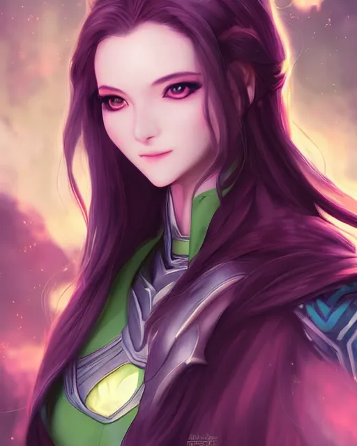 Image similar to Female Loki anime character beautiful digital illustration portrait by Ross Tran, artgerm detailed, soft lighting