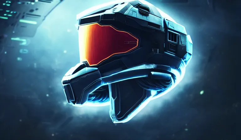 Image similar to cyberpunk halo helmet floating in space with reflections, epic, dramatic, photorealistic, award winning, 8k,