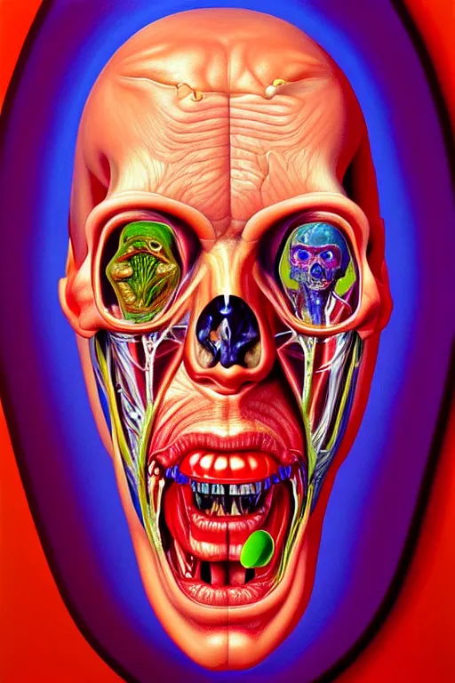 Prompt: a hyperrealistic painting of an anatomically accurate cross section of a human encased in glass, by chris cunningham, lisa frank, richard corben, highly detailed, vivid color,