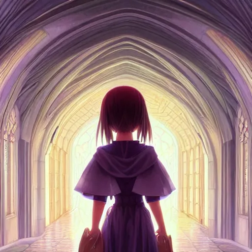 Prompt: angelic girl in intricate clothing walking a cathedralic hallway at night, very high detail, painting, anime, wlop, ilya kuvshinov, artgerm, krenz cushart, greg rutkowski, sana takeda