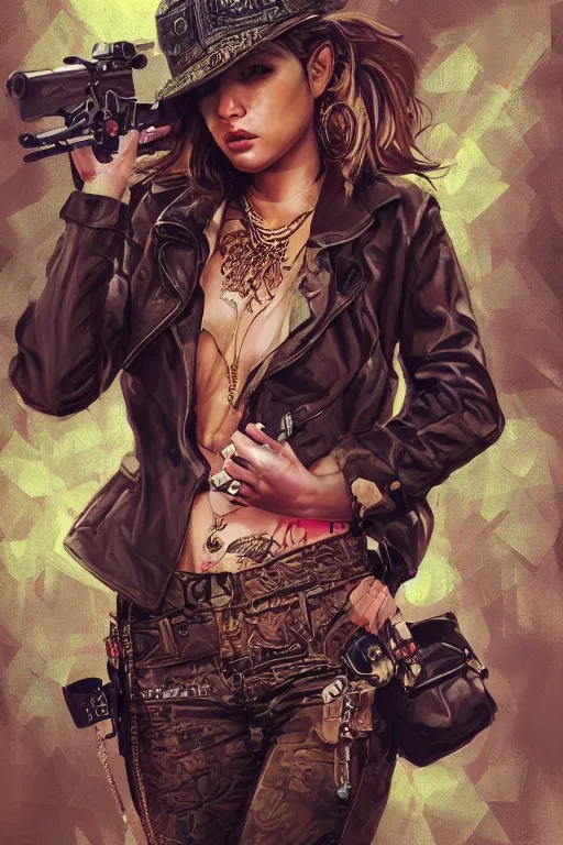 Image similar to painting of a gangster girl holding a pistol, intricate, highly detailed, digital painting, official media, concept art, rich vivid colors, ambient lighting, sharp focus, illustration