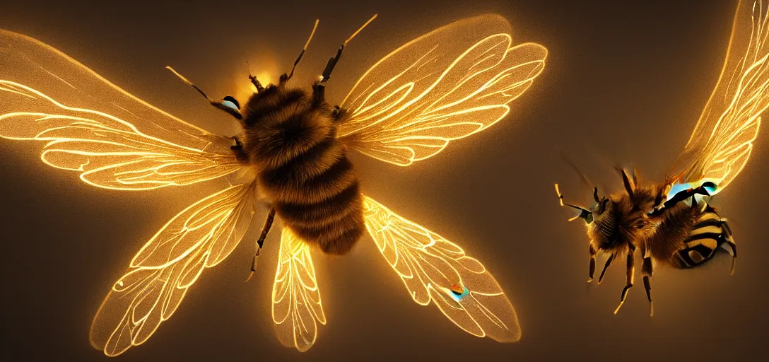 Image similar to An epic, ornate, highly detailed painting of a bee with back-lit translucent glowing angels wings, rim light, volumetric lighting, octane render, 8k