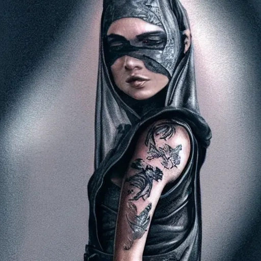 Prompt: Hot young woman, grey skin, tattoos, wearing leather and cuddling a humanoid in shroud and mask concept art
