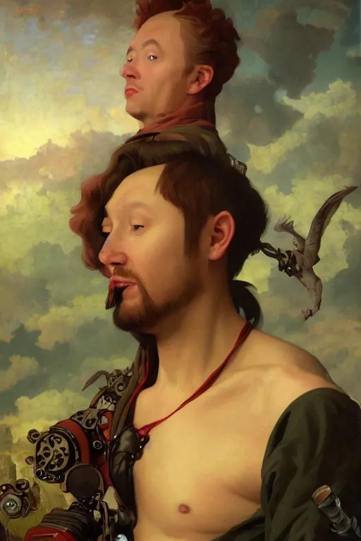 Prompt: A fantasy comic book style portrait painting of limmy, Caucasian, using his desktop pc, François Boucher, Oil Painting, Mystical, unreal 5, DAZ, hyperrealistic, octane render, Regal, Refined, Detailed Digital Art, RPG portrait, William-Adolphe Bouguereau, Michael Cheval, Walt Disney (1937), Steampunk, dynamic lighting, Highly Detailed, Cinematic Lighting, Unreal Engine, 8k, HD