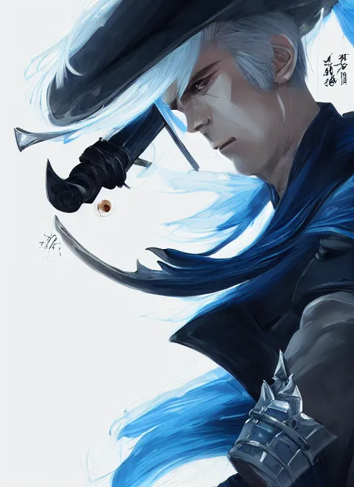 Image similar to a highly detailed illustration of young short slick back white haired man wearing dark blue coat, bright blue eyes, dramatic wielding katana pose, intricate, elegant, highly detailed, centered, digital painting, artstation, concept art, smooth, sharp focus, league of legends concept art, wlop