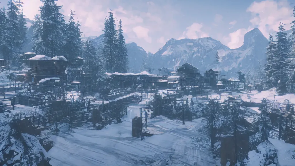 Image similar to beautiful Nier Automata landscape at a ski station, winter