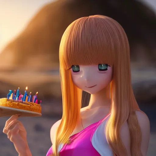 Image similar to Render of a beautiful 3d anime woman holding a birthday cake to show the camera, long light pink hair, full bangs, hazel eyes, cute freckles, full round face, smug smile, Chinese heritage, cute checkerboard sundress, golden hour, serene beach setting, medium shot, mid-shot, hyperdetailed, trending on Artstation, Unreal Engine 4k