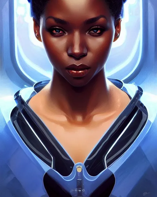 Image similar to Portrait of very very very very very very beautiful black woman, spacesuit, blue eyes, intricate, elegant, highly detailed, digital painting, artstation, concept art, smooth, sharp focus, illustration, art by artgerm and greg rutkowski and alphonse mucha