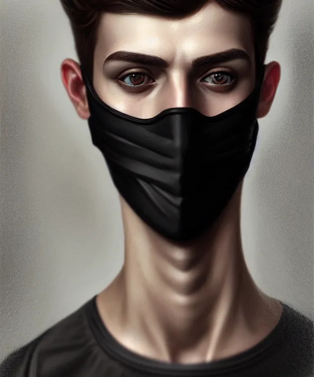 Image similar to european young man wearing medical black mask, beautiful face, highly detailed face!!!, true anatomy!, extremely detailed!, digital painting, unreal engine 5, art by tom bagshaw