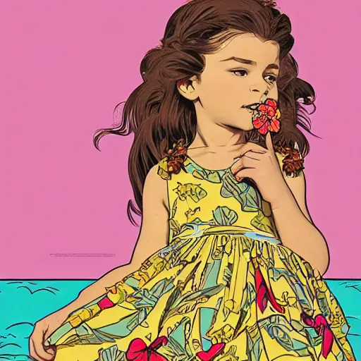 Image similar to a five - year - old caucasian girl with honey brown eyes and hair, wearing a hawaiian dress, dancing on a tropical beach, portrait, wide shot, midday light, bright colors, illustration, pop art, splash painting, graphic novel, art by geof darrow, ashley wood, alphonse mucha