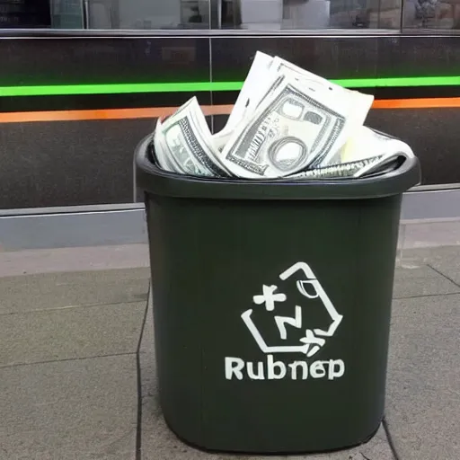 Prompt: rubbish bin full of money