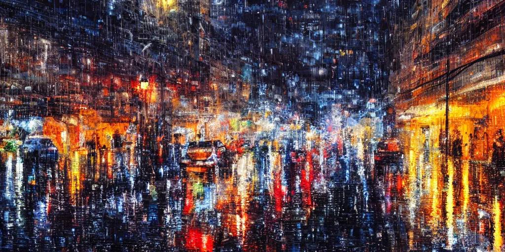 Image similar to raining night, streets, cars, building, cold, lights, rain, by mark lague, 4 k, wallpaper,