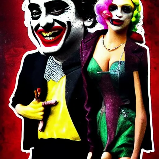 Image similar to mimmo rottela and banksy as joaquin phoenix skinny joker holding hand lady gaga harley queen, extreme photorealistic, intricate details, pop art style, concept art, details object, random object movement, 3 colors, 4 k, 4 d, smooth, sharp focus