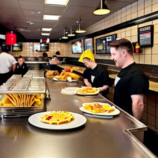 Image similar to busy wafflehouse interior with customers eating breakfast and wafflehouse employees serving food and cooking behind countertop