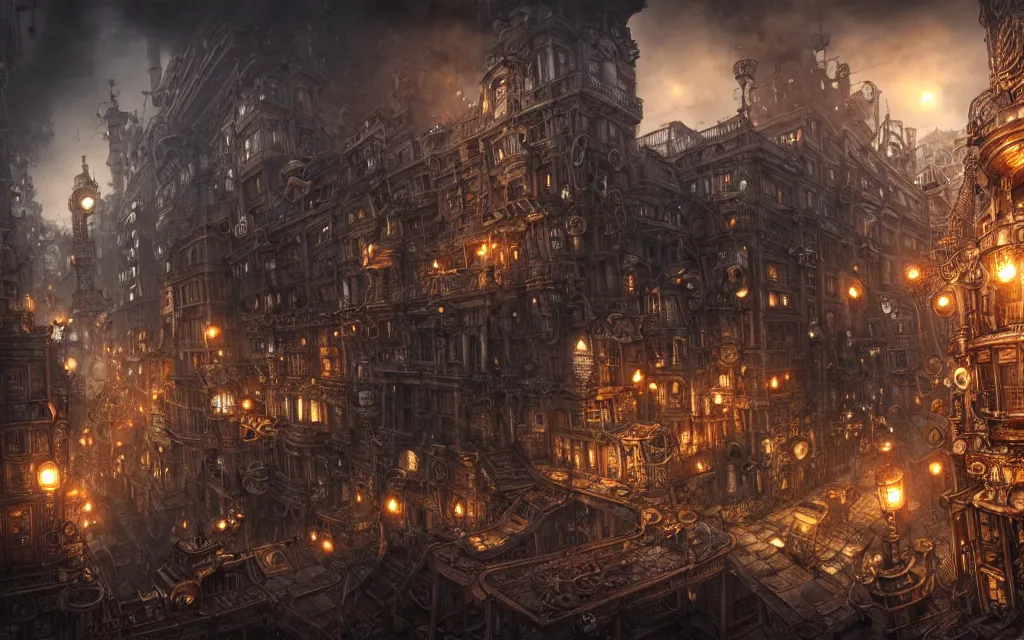 Image similar to an ultra wide angle view of a steampunk city made of clockwork, steamy, ominous, an ultrafine hyperdetailed illustration by kim jung gi, irakli nadar, intricate linework, octopath traveler, final fantasy, unreal engine 5, highly rendered, global illumination, radiant light, detailed and intricate environment