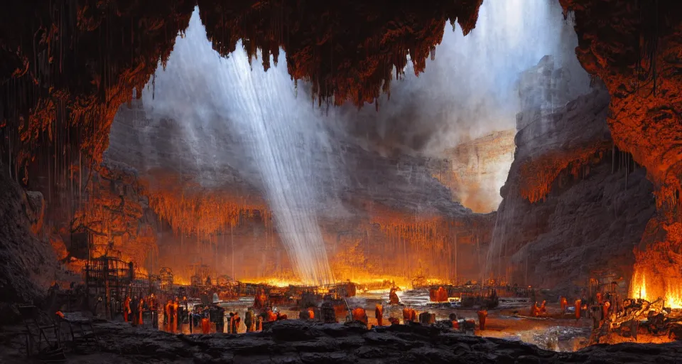 Prompt: a highly detailed digital matte painting of a high-tech smelting pit in a cave, streams of molten iron, workers, large long pipes, by Raphael Lacoste and Stephan Martiniere and Peter Mohrbacher and Robert McCall, volumetric lighting, hyperdetailed, octane render, 8k H- 640