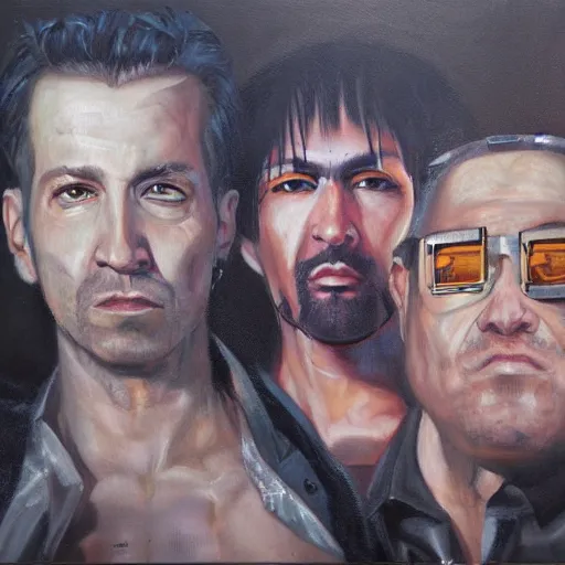 Image similar to portrait of three cyberpunk mobsters, detailed oil painting