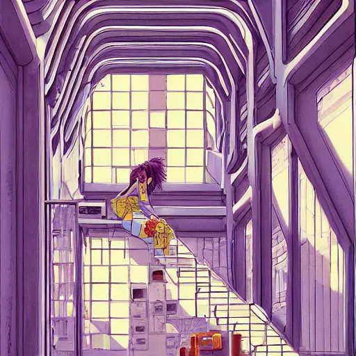 Image similar to an acidic beautiful slimegirl woman in a bright white hallway with many doors and many stairs, Mc Escher architecture, epic composition, by Makoto Shinkai