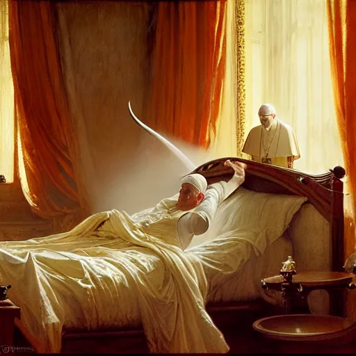 Image similar to the pope wakes up is his bed, sweating, nervous, terrified, because a double horned shadow demon lurks in the wall of the papal bedroom. highly detailed painting by gaston bussiere, j. c. leyendecker, greg rutkowski, craig mullins 8 k