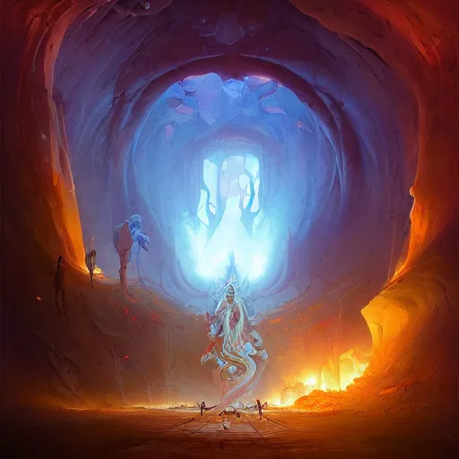 Image similar to deep in a large open cavern in a crystal cave there is a gigantic demonic portal to hell, artwork by Peter mohrbacher and beeple