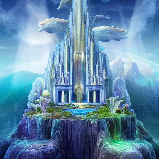 Prompt: unreal engine, octane render, intricate detail, gilbert williams portrait of a crystal temple in atlantis, iridescent dolphins swimming in the sea, unicorn flying in the sky, paleozoic atlantis