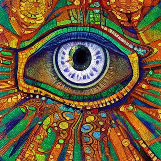 Prompt: A beautiful painting a large eye that is looking directly at the viewer. The eye is composed of a myriad of colors and patterns, and it is surrounded by smaller eyes. The smaller eyes appear to be in a state of hypnosis, and they are looking in different directions. DayGlo blue, roman mosaic by John Bauer, by Bastien Lecouffe-Deharme artificial