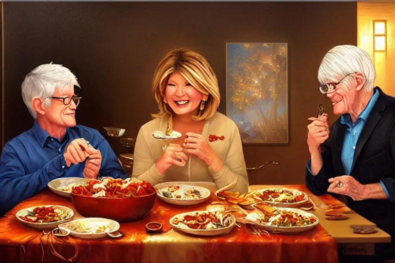 Prompt: martha stewart and phil donahue having a romantic spaghetti dinner, an oil painting by ross tran and thomas kincade