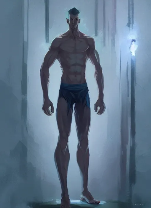 Image similar to a calm young adult male muscular slim blue elf with gey light clothes character design by greg rutkowski