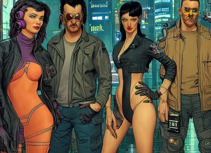 Prompt: cyberpunk heist crew. portrait by stonehouse and mœbius and will eisner and gil elvgren and pixar. character design. realistic proportions. cyberpunk 2 0 7 7 character art, blade runner 2 0 4 9 concept art. cel shading. attractive face. thick lines. the team. diverse characters. artstationhq.