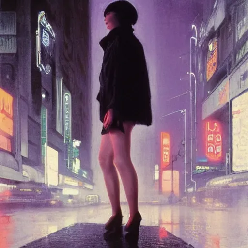 Prompt: epic wide angle masterpiece full body portrait a beautiful woman with pale, flawless skin, wearing a transparent plastic rain coat on the streets of Los Angeles at night in Bladerunner (1982), by Edgar Maxence and Ross Tran and Michael Whelan