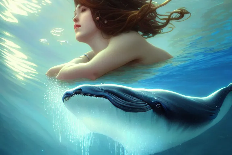 Image similar to painting of under the water, underwater world, hyper detailed cg rendering of a cute girl and whale, elegant, highly detailed, digital painting, artstation, concept art, smooth, sharp focus, illustration, art by artgerm and greg rutkowski and alphonse mucha, 8 k