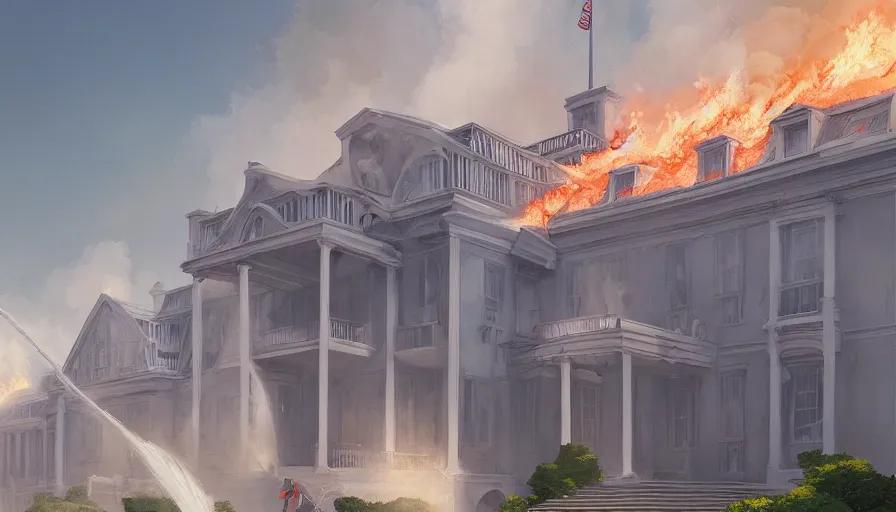 Prompt: A highly detailed matte painting of american white house castle on fire, expliosion and smokes, by Studio Ghibli, Makoto Shinkai, by Artgerm, by WLOP, by Greg Rutkowski, volumetric lighting, octane render, 4K resolution, trending on artstation, masterpiece