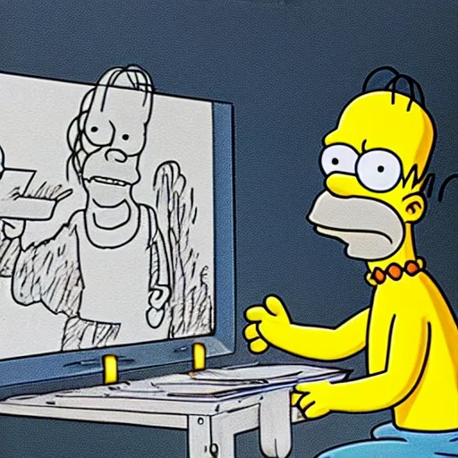 Prompt: homer simpson is drawing himself