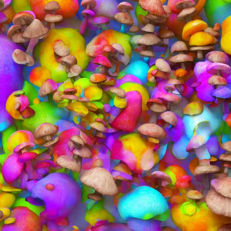 Image similar to colorful mushrooms, a computer render by jonathan zawada, flume, a 3 d render, featured on polycount, shutterstock contest winner, psychedelic art, psychedelic, rendered in cinema 4 d, 3 d
