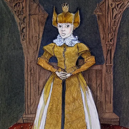 Prompt: werewolf royalty standing in a throne room, dressed in a 1800\'s royal outfit, traditional art, very fine detail and texture, royal workshop, in the art style of beatrix potter, Willem Wissing, watercolor, colored pencil, ink, oil, acryllic