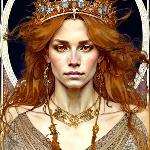 Prompt: highly detailed portrait of a majestic lioness queen as a beautiful woman. d & d, art by anton pieck and greg rutkowski and alphonse mucha and magali villeneuve. trending on artstation, intricate details, energetic composition, golden ratio, concept art, illustration, elegant art