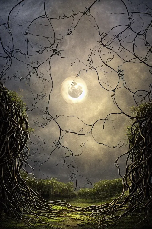 Prompt: a beautiful digital illustration painting of a detailed gothic fantasy full moon and roots, throne chair and vines, dramatic cinematic sky colors by benoit b. mandelbrot, steven belledin, martin johnson heade, lee madgwick, caspar david friedrich, and david rios ferreira. 8 k resolution trending on artstation concept art digital illustration