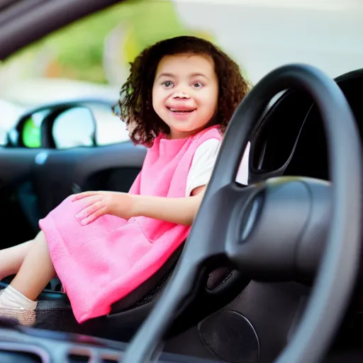Image similar to small girl sitting on the wheel in the car and driving
