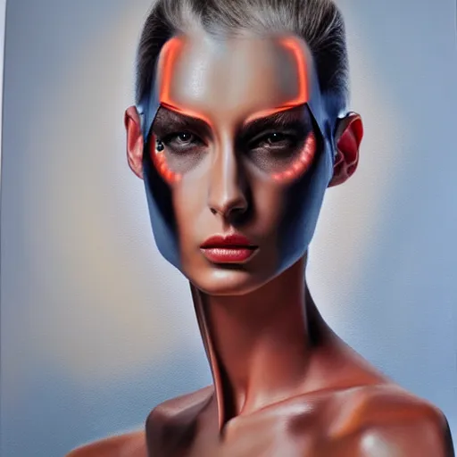 Prompt: cyborg fashion model, hyperrealism oil painting, matte