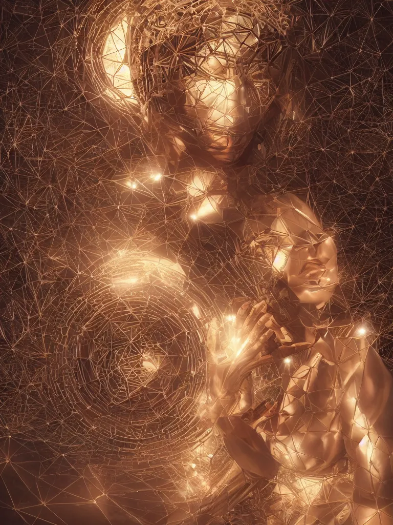 Image similar to a photo of a robotic woman covered in modular synthesizer parts surrounded by sacred geometry made from elven architecture, full body, perfect face, powerful, cinematic, beautifully lit, by artgerm, by karol bak, 3 d, octane render, 8 k