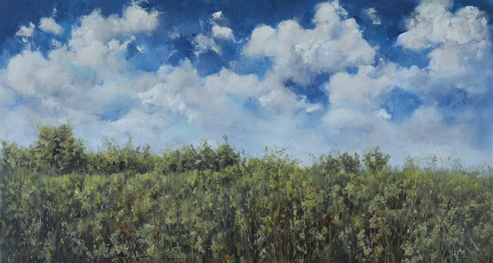 Image similar to an endless flat world of concrete, overgrown with vegetation, blue sky with clouds, beautiful painting, oil on canvas, by Ewa Czarniecka, award winning masterpiece,