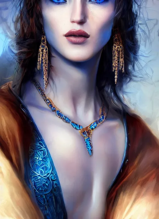 Prompt: Beautiful Arab girl, blue eyes, leather, portrait, fantasy, medieval, vivid colors, elegant, concept art, sharp focus, beautiful face, digital art, Hyper-realistic, 4K, Unreal Engine, Highly Detailed, HD, Dramatic Lighting by Brom, trending on Artstation