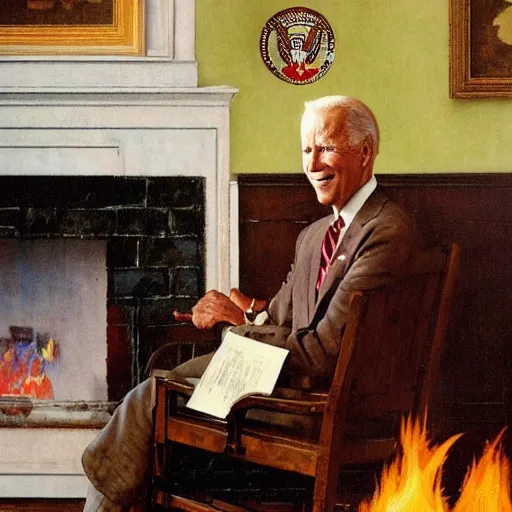 Image similar to a norman rockwell painting of the Joe Biden sitting in a chair, cozy fire, award winning,