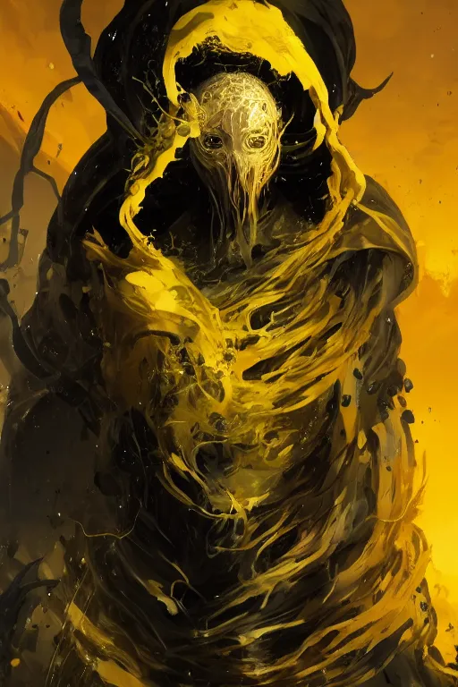 Image similar to A full body portrait of a mysterious character with no face with a very long hooded yellow cloak with black tentacles that have eyes coming out the bottom art by Maciej Kuciara and Jason Chan, ominous, cosmic horror, trending on artstation, Ultra detailed, hyper realistic 4k