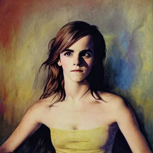 Image similar to portrait of emma watson, artwork by frank frazetta,