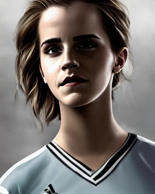 Image similar to a portrait of emma watson as a lokomotiv football player, hyper realistic