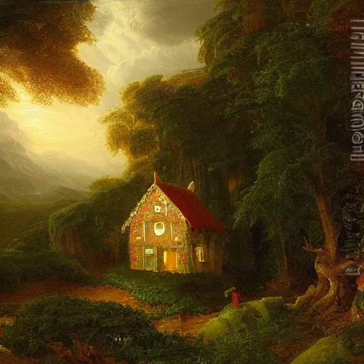 Prompt: an oil painting of a gingerbread house in the forest, by thomas cole, ivan shiskin, and james gurney