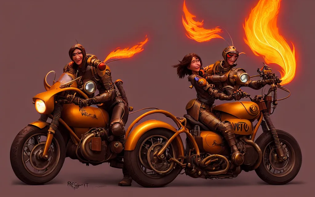 Image similar to weta disney pixar character shot of 🏍 by pixar : : flames : : by weta, greg rutkowski, wlop, ilya kuvshinov, rossdraws, artgerm, marvel, unreal engine, bright morning, anime